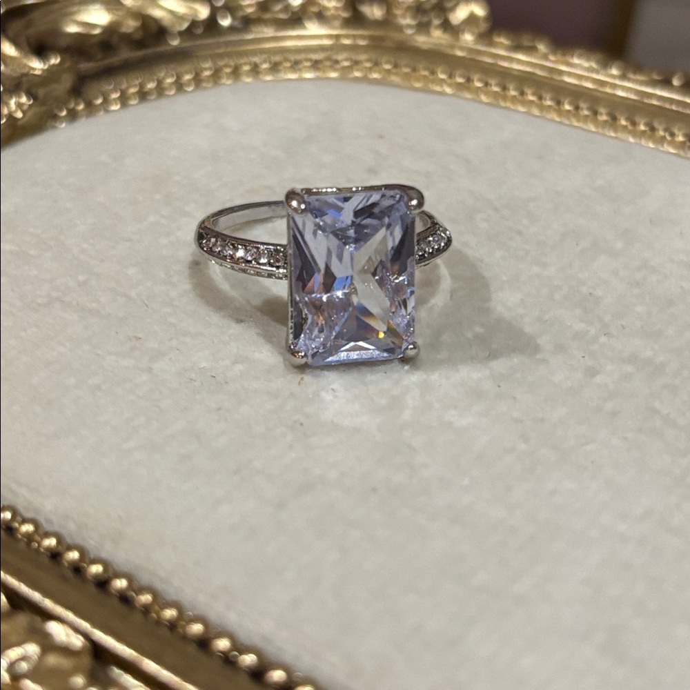 Silver tone Emerald Cut Solitaire Stone with Clear Faux Gemstone